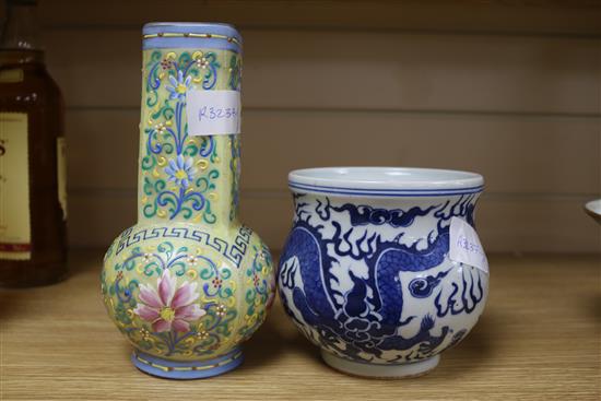 A Chinese blue and white censer and an enamelled glass vase